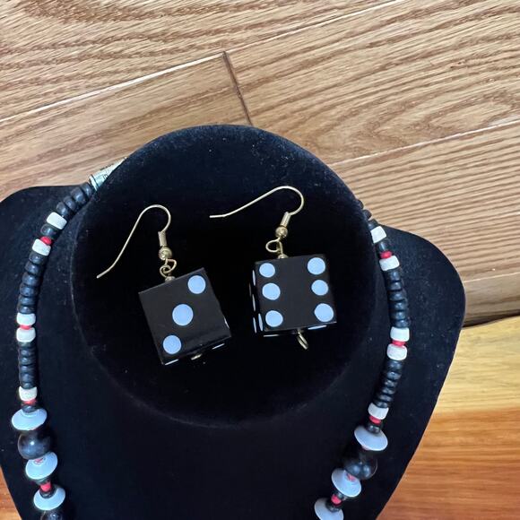 Vtg Handmade Dice Black Beaded Necklace Dangle Earrings Set Screw Poker Cards - Picture 6 of 8